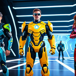 A group of four Miniforce characters (Volt, Sammy, Lucy, Max) in their vibrant, futuristic robotic superhero forms, standing together in a dynamic and unified pose, showcasing their teamwork and readiness for a mission. They are positioned in a technologically advanced, clean, and futuristic command center with glowing screens and sleek architecture in the background. The lighting is cinematic and highlights their metallic textures and bright, distinct colors. fully clothed, appropriate attire, modest clothing, safe for work, appropriate content, family-friendly, perfect anatomy, correct proportions, natural pose, well-formed hands, proper finger count, natural body proportions, high-quality animation style, professional rendering, highly detailed, vibrant colors, smooth lines, 8K, professional photography.