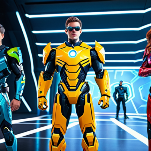 A group of four Miniforce characters (Volt, Sammy, Lucy, Max) in their vibrant, futuristic robotic superhero forms, standing together in a dynamic and unified pose, showcasing their teamwork and readiness for a mission. They are positioned in a technologically advanced, clean, and futuristic command center with glowing screens and sleek architecture in the background. The lighting is cinematic and highlights their metallic textures and bright, distinct colors. fully clothed, appropriate attire, modest clothing, safe for work, appropriate content, family-friendly, perfect anatomy, correct proportions, natural pose, well-formed hands, proper finger count, natural body proportions, high-quality animation style, professional rendering, highly detailed, vibrant colors, smooth lines, 8K, professional photography.