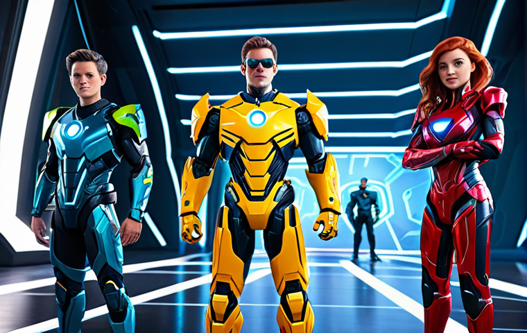 A group of four Miniforce characters (Volt, Sammy, Lucy, Max) in their vibrant, futuristic robotic superhero forms, standing together in a dynamic and unified pose, showcasing their teamwork and readiness for a mission. They are positioned in a technologically advanced, clean, and futuristic command center with glowing screens and sleek architecture in the background. The lighting is cinematic and highlights their metallic textures and bright, distinct colors. fully clothed, appropriate attire, modest clothing, safe for work, appropriate content, family-friendly, perfect anatomy, correct proportions, natural pose, well-formed hands, proper finger count, natural body proportions, high-quality animation style, professional rendering, highly detailed, vibrant colors, smooth lines, 8K, professional photography.