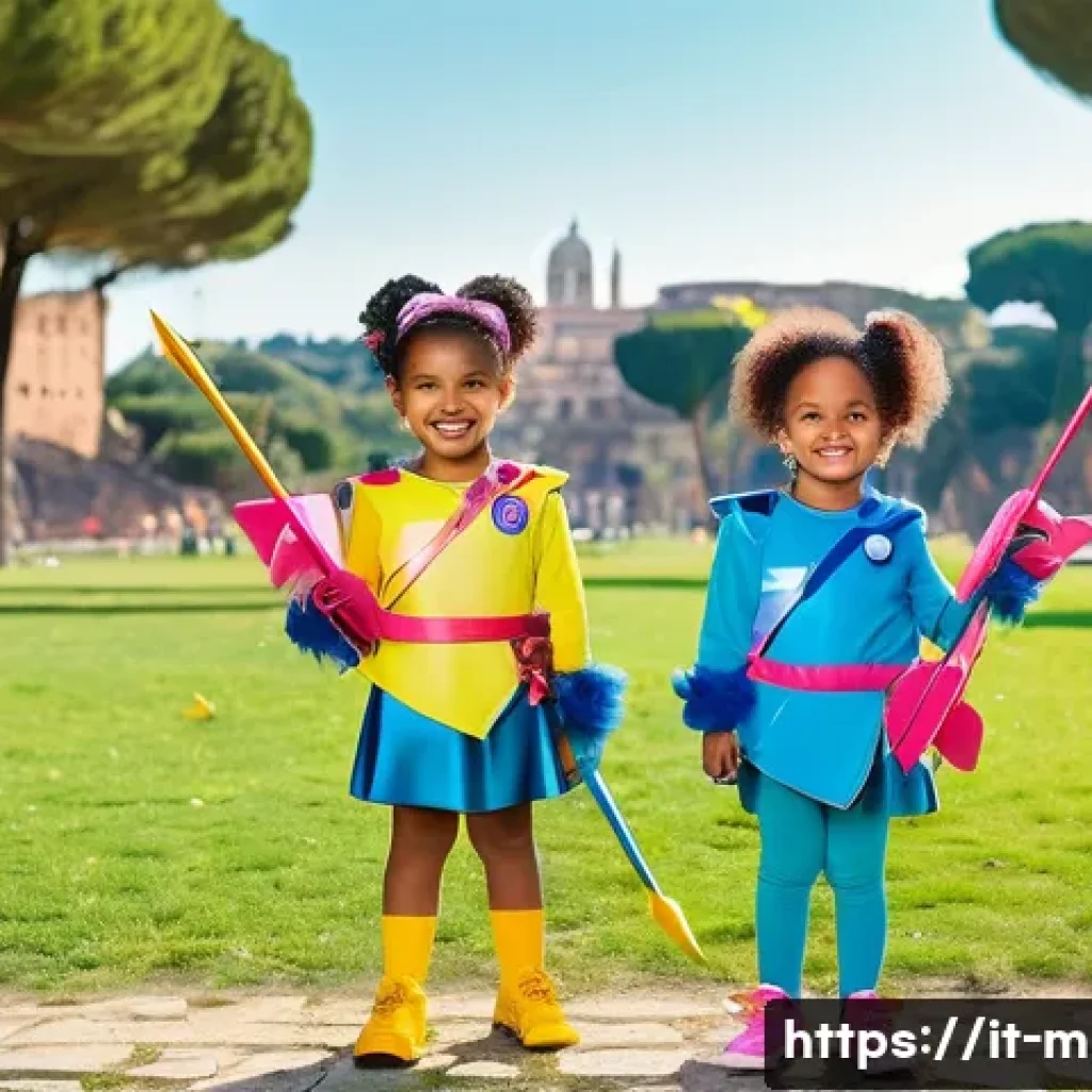 미니특공대 캐릭터 의상 디자인 - **Prompt:** "A group of four children dressed as the Mini Force team (Volt - Red, Sammy - Blue, Lucy...
