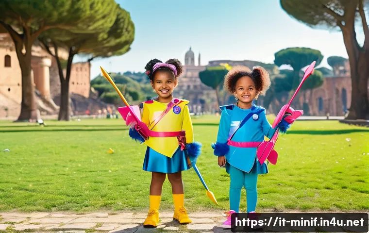 미니특공대 캐릭터 의상 디자인 - **Prompt:** "A group of four children dressed as the Mini Force team (Volt - Red, Sammy - Blue, Lucy...