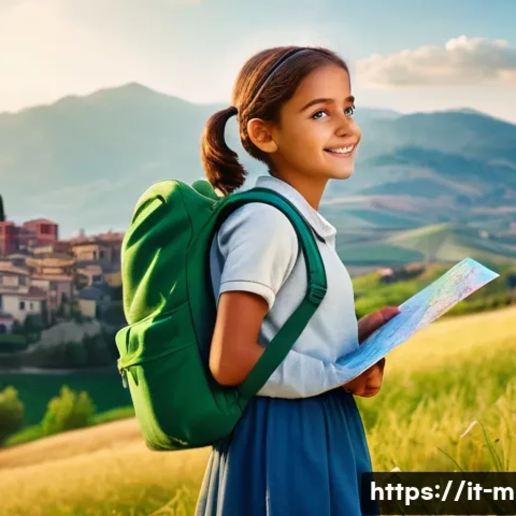 미니특공대 루시의 역할 모델 - A young girl named Lucy standing confidently on a sunlit hilltop overlooking a vibrant Italian villa...