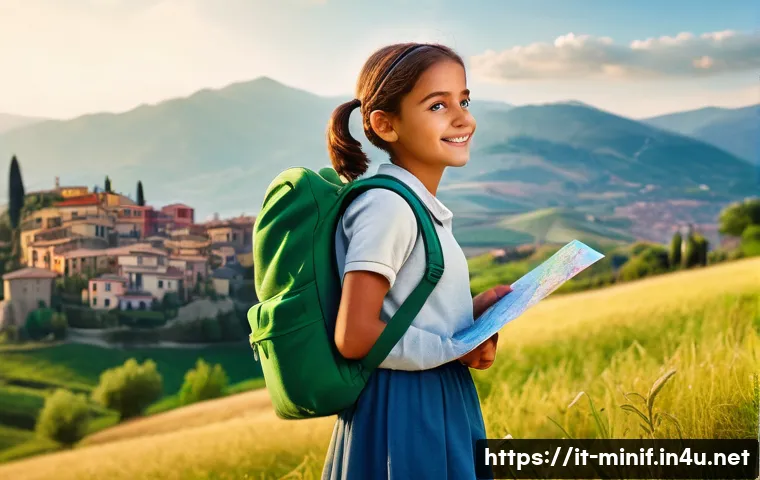 미니특공대 루시의 역할 모델 - A young girl named Lucy standing confidently on a sunlit hilltop overlooking a vibrant Italian villa...
