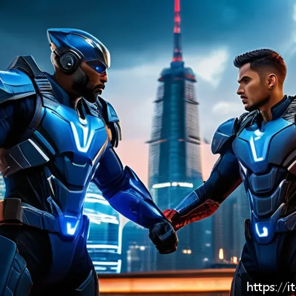 미니특공대 볼트와 제롬의 관계 - A dynamic scene of two heroic characters in a futuristic urban battlefield at dusk: one character, B...