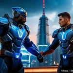 미니특공대 볼트와 제롬의 관계 - A dynamic scene of two heroic characters in a futuristic urban battlefield at dusk: one character, B...