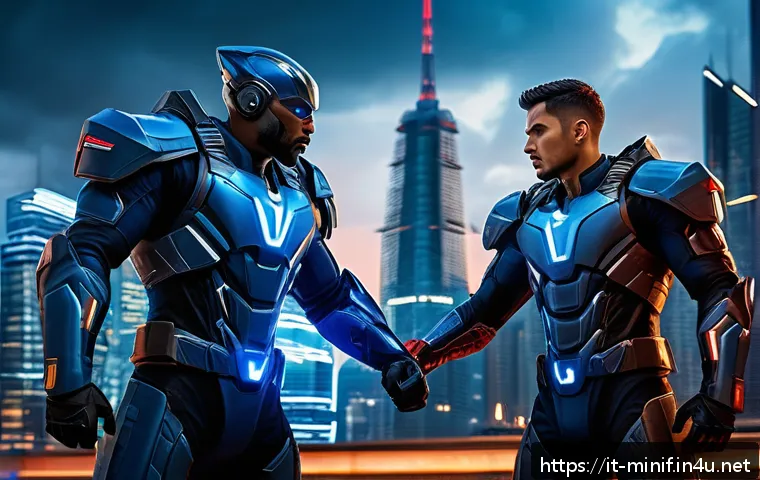 미니특공대 볼트와 제롬의 관계 - A dynamic scene of two heroic characters in a futuristic urban battlefield at dusk: one character, B...