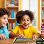 미니특공대 디지털 콘텐츠 확장 - A vibrant and engaging digital learning scene featuring diverse children aged 5 to 8, all wearing co...