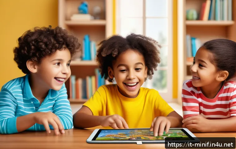 미니특공대 디지털 콘텐츠 확장 - A vibrant and engaging digital learning scene featuring diverse children aged 5 to 8, all wearing co...