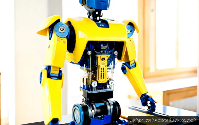 미니특공대 볼트의 기술력 설명 - Photorealistic original yellow-and-blue compact robot hero demonstrating advanced engineering in a b...
